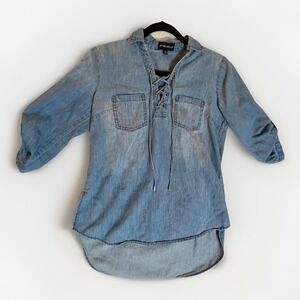My Michelle Denim Tunic Top‎ Roll Tab Sleeves Lace Up V Neck Small Western
